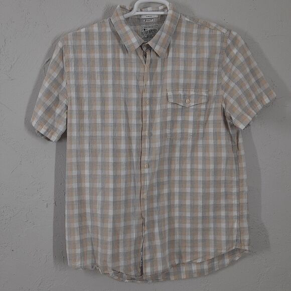 Lucky Brand Mens L Gray White Beige Plaid Slim Fit Short Sleeve Button Up Shirt - Picture 1 of 8